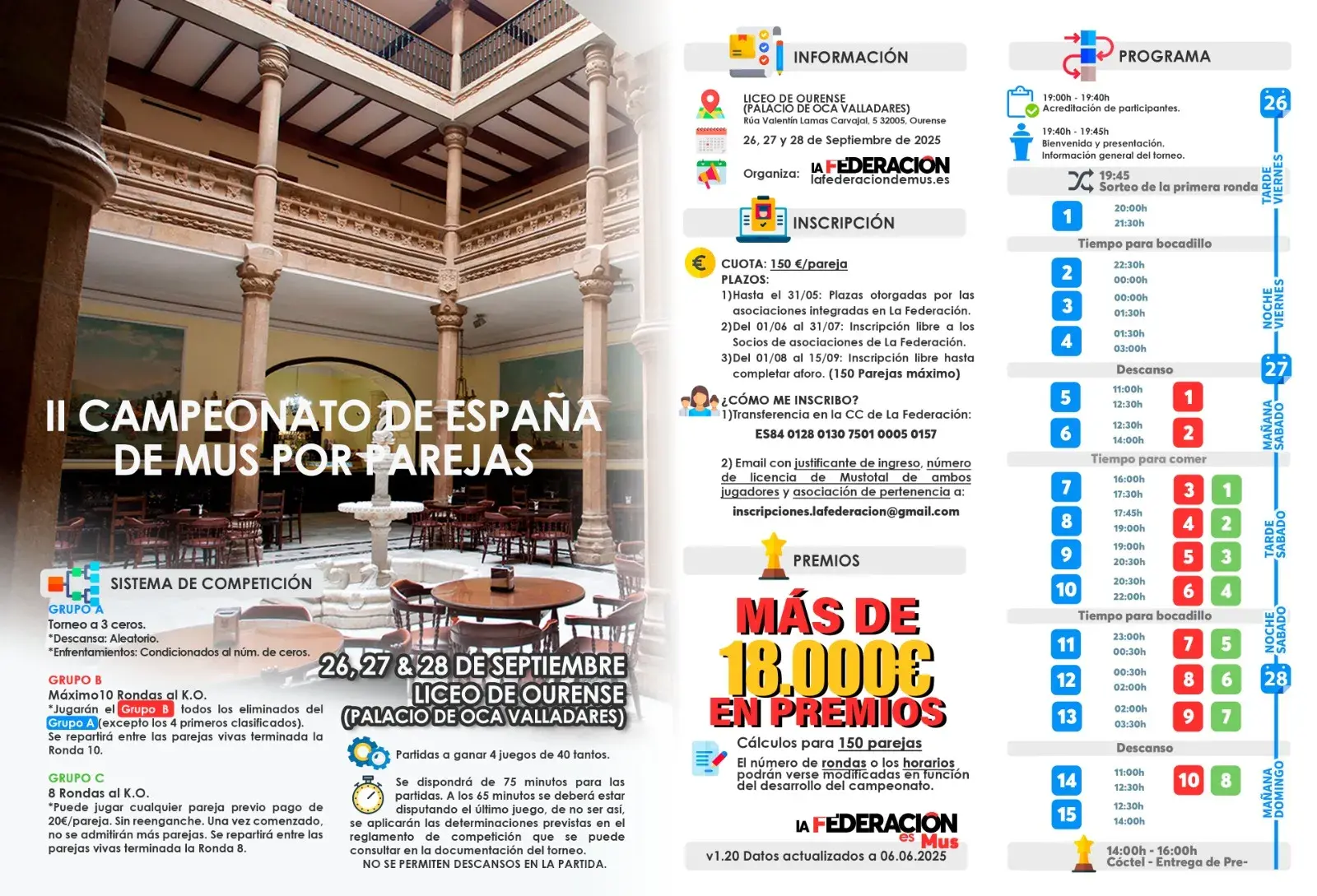 Cartel informativo del II Campeonato de España de Mus por Parejas 2025 con detalles de inscripción, programa, sistema de competición y premios.