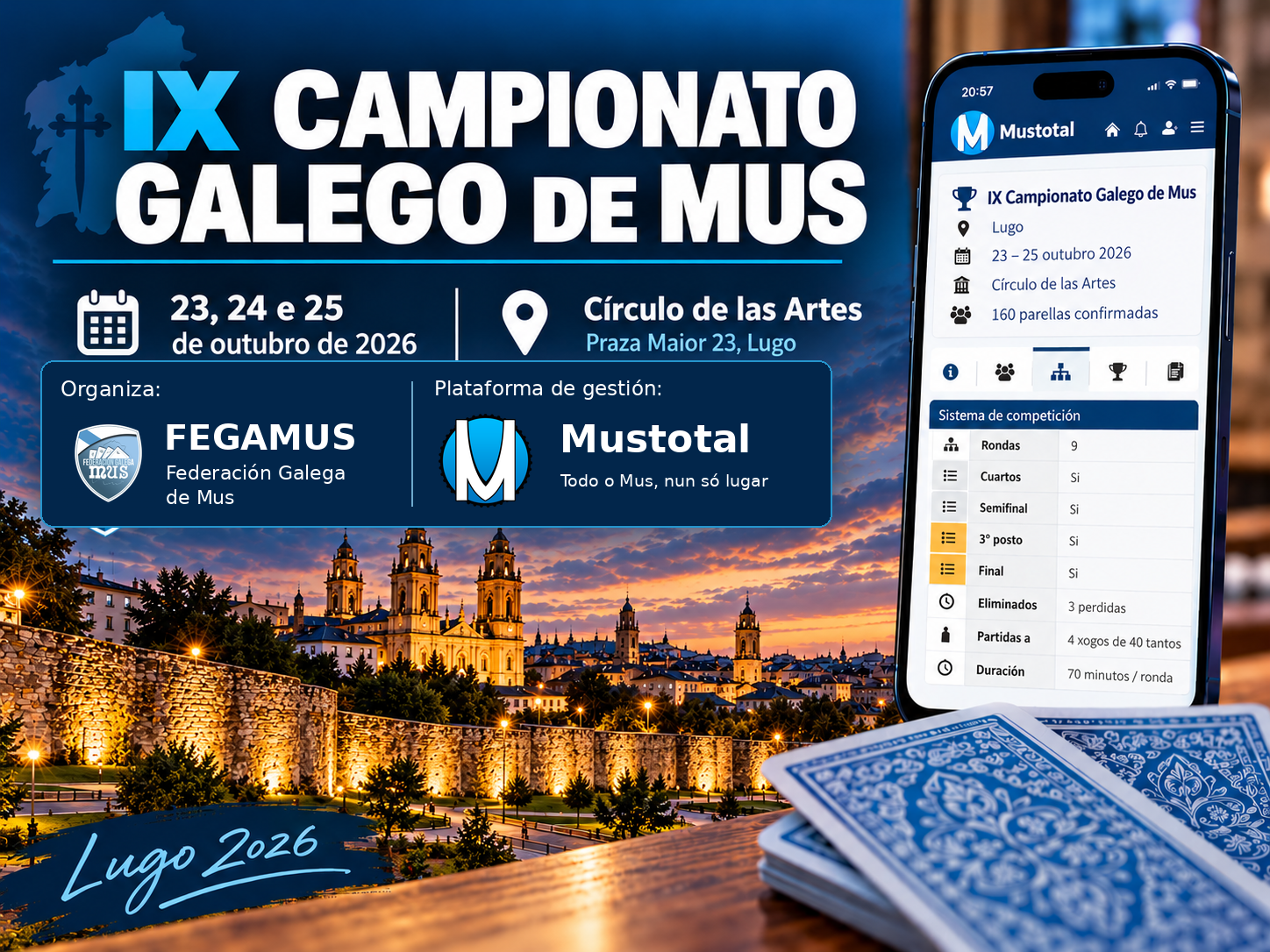 Cartel del IX Campionato Galego de Mus 2026 en Lugo, organizado por FEGAMUS y gestionado con Mustotal